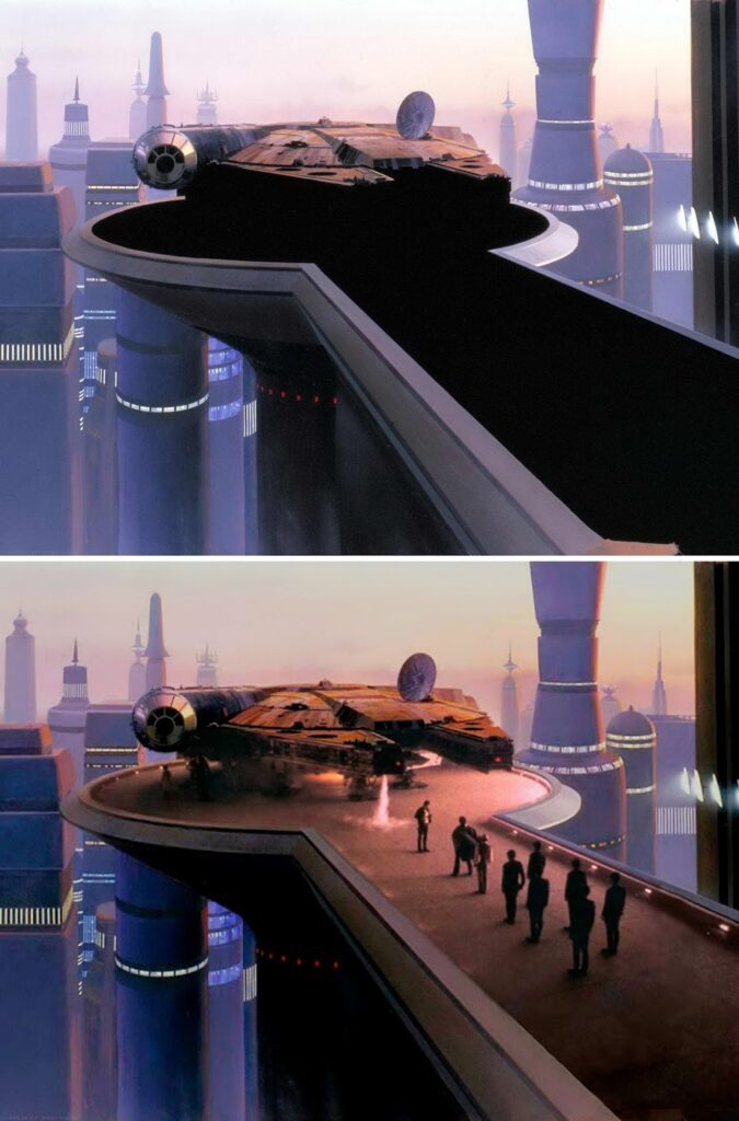 matte-painting-strange-tales-ralph-mcquarrie-empire-strikes-back-millennium-falcon-bespin-675x1024 El arte invisible del cine: la historia y evolución del matte painting